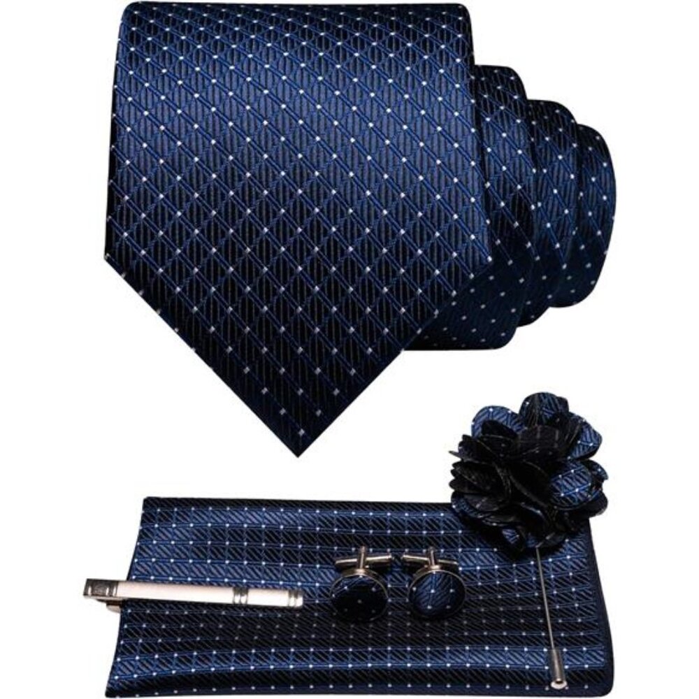 Mens Tie and Pocket Square,Lapel Pin,Cufflinks,Tie Clip Sets with Gift Box 5PCS